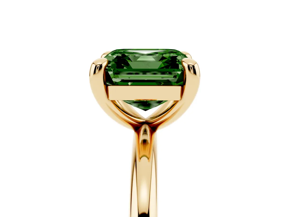 Fancy Green Asscher Cut Solitaire Diamond Ring with Four-Prong Setting on a Plain Band Yellow gold