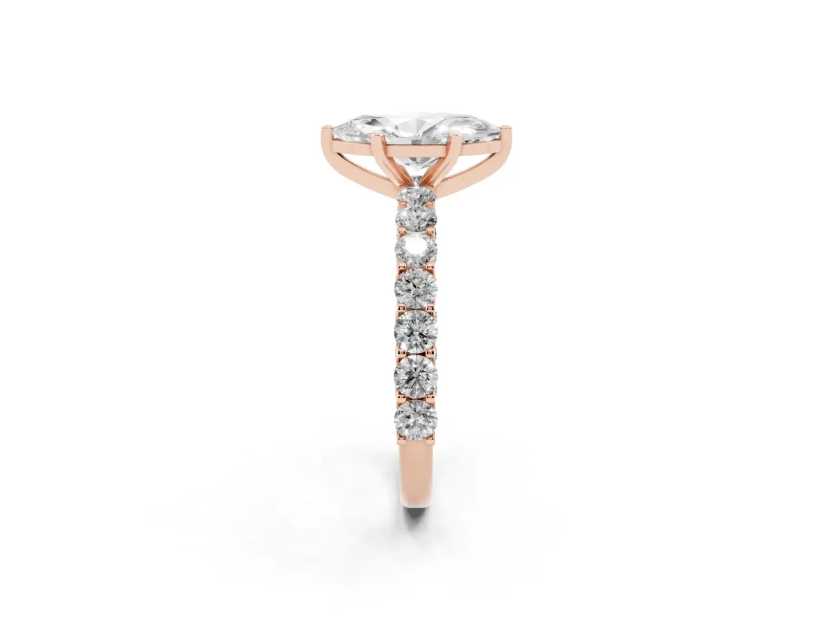 Marquise Cut Diamond Solitaire Ring with Shared Prong Pavé Band and Four-Prong Setting Rose gold