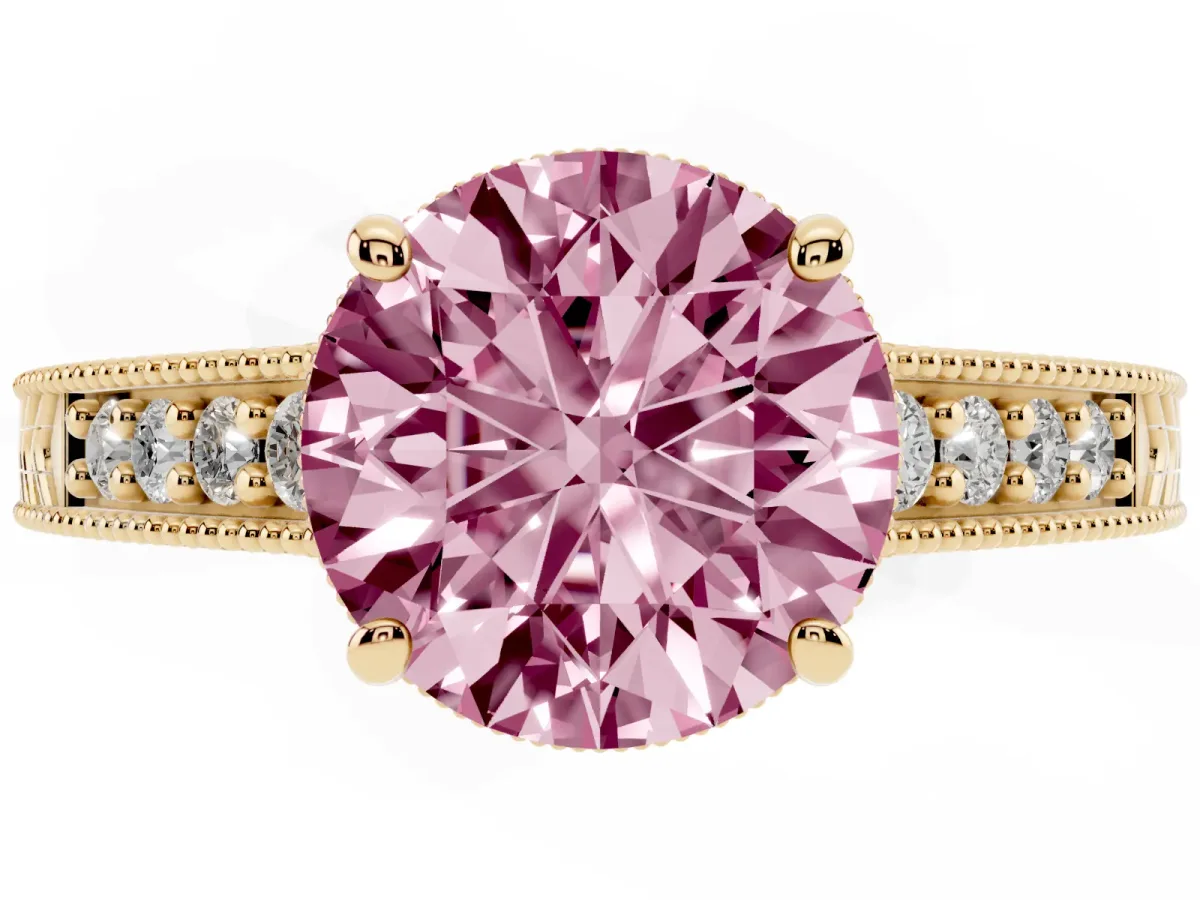 Fancy Pink Round Cut Solitaire Pavé Diamond Milgrain Engagement Ring with Four-Prong Setting Yellow gold