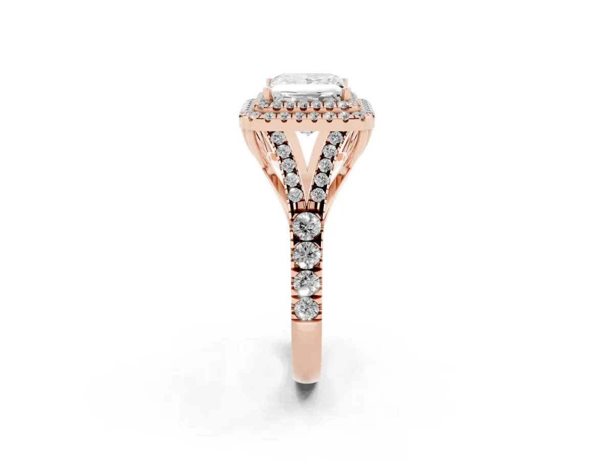 Princess Cut Diamond Pavé Split Shank Double Halo Engagement Ring Rose gold