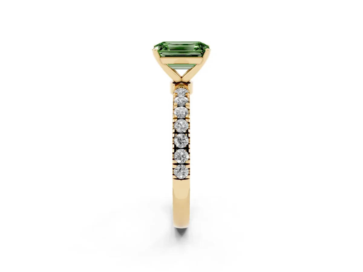 Fancy Green Emerald Cut Diamond Solitaire Ring with Pavé Accents and Four-Prong Setting Yellow gold