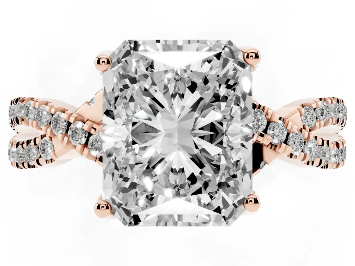 Radiant Cut Solitaire Twist Pave Diamond Engagement Ring with Prong Setting Rose gold