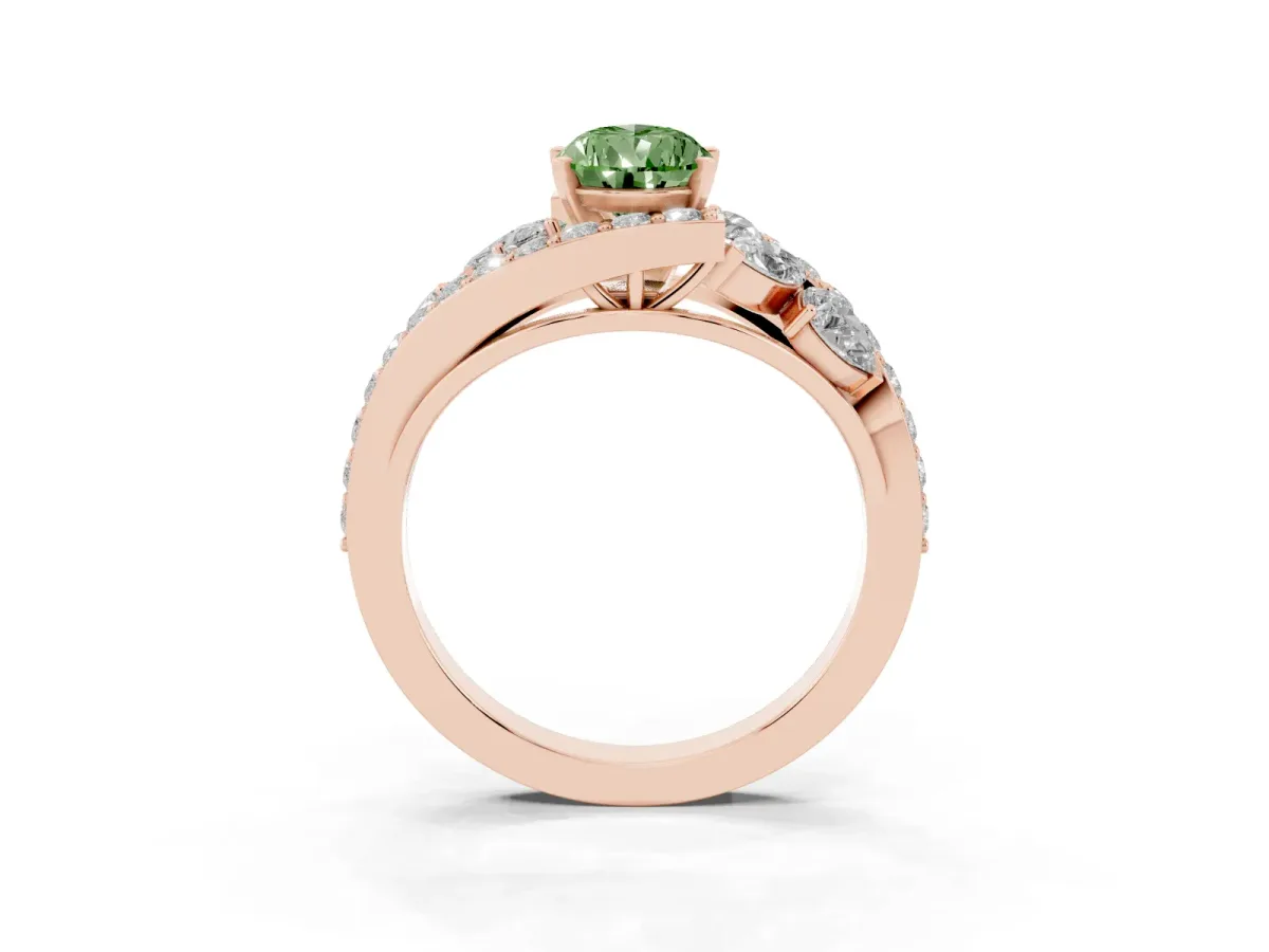 Fancy Green Pear Cut Diamond Halo Ring with Marquise and Pavé Band in Prong Setting Rose gold