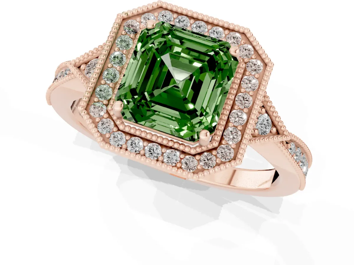 Fancy Green Asscher Cut Halo Round Diamond Milgrain Pave Engagement Ring Rose gold