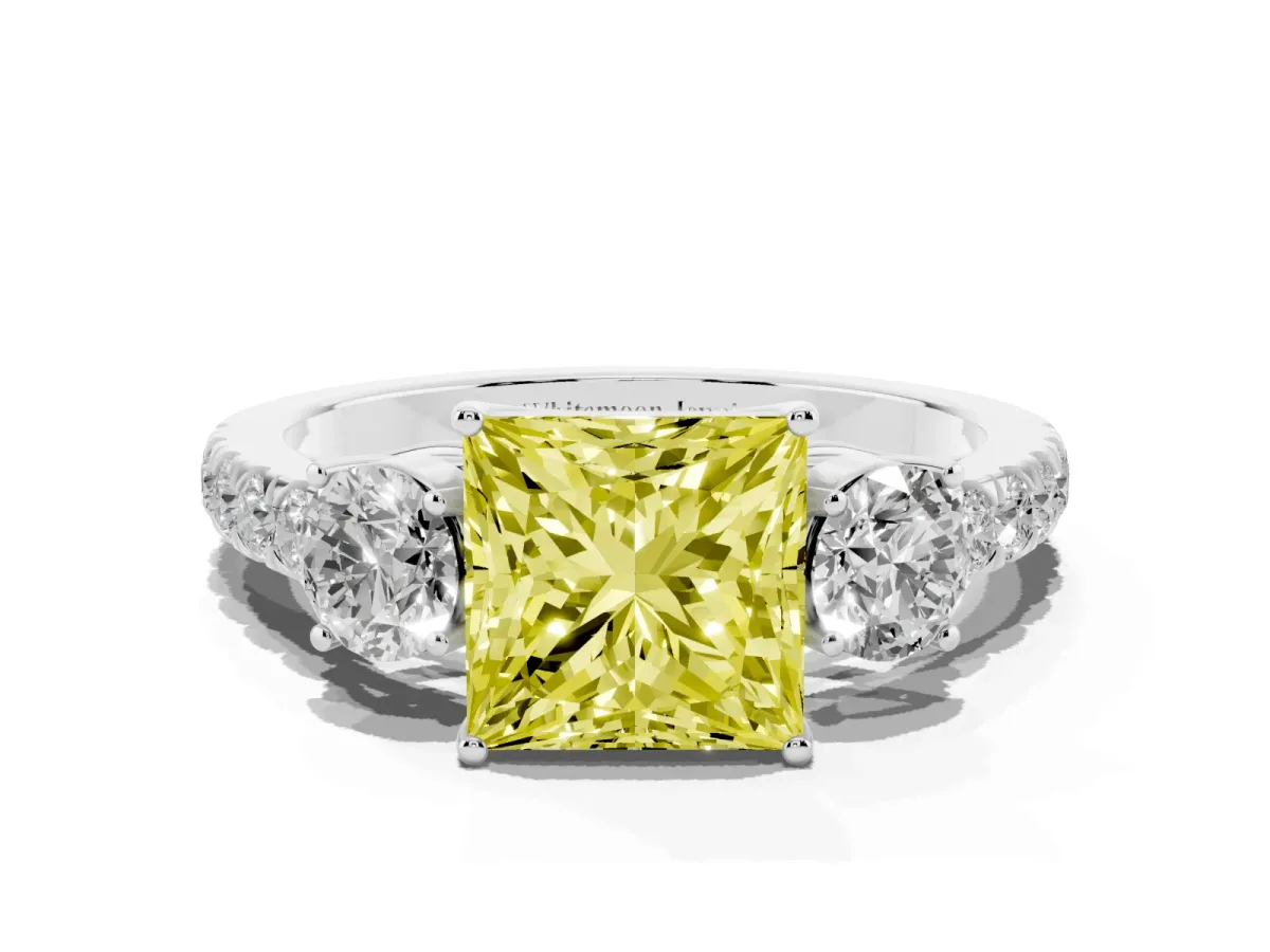 Fancy Yellow Princess Cut Cut Diamond Three-Stone Ring with Round Side Stones and Pavé Band Silver