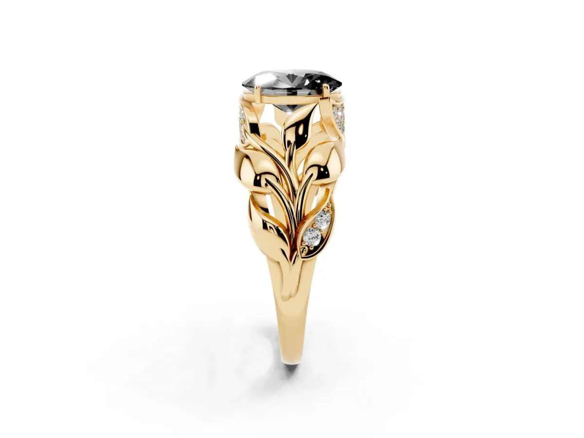 Fancy Black Oval Cut Diamond Leaf-Inspired Engagement Ring with Round Accents and Prong Setting Yellow gold