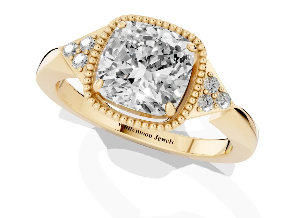 Cushion Cut Diamond Halo Ring with Tapered Band and Four-Prong Setting Yellow gold