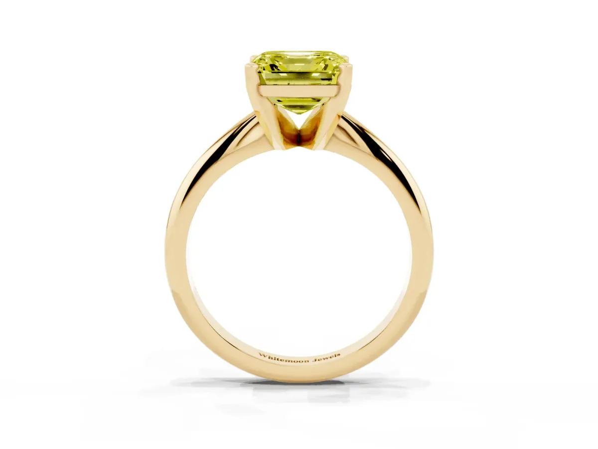 Fancy Yellow Asscher Cut Cut Solitaire Ring with Four-Prong Setting on a Classic Band Yellow gold