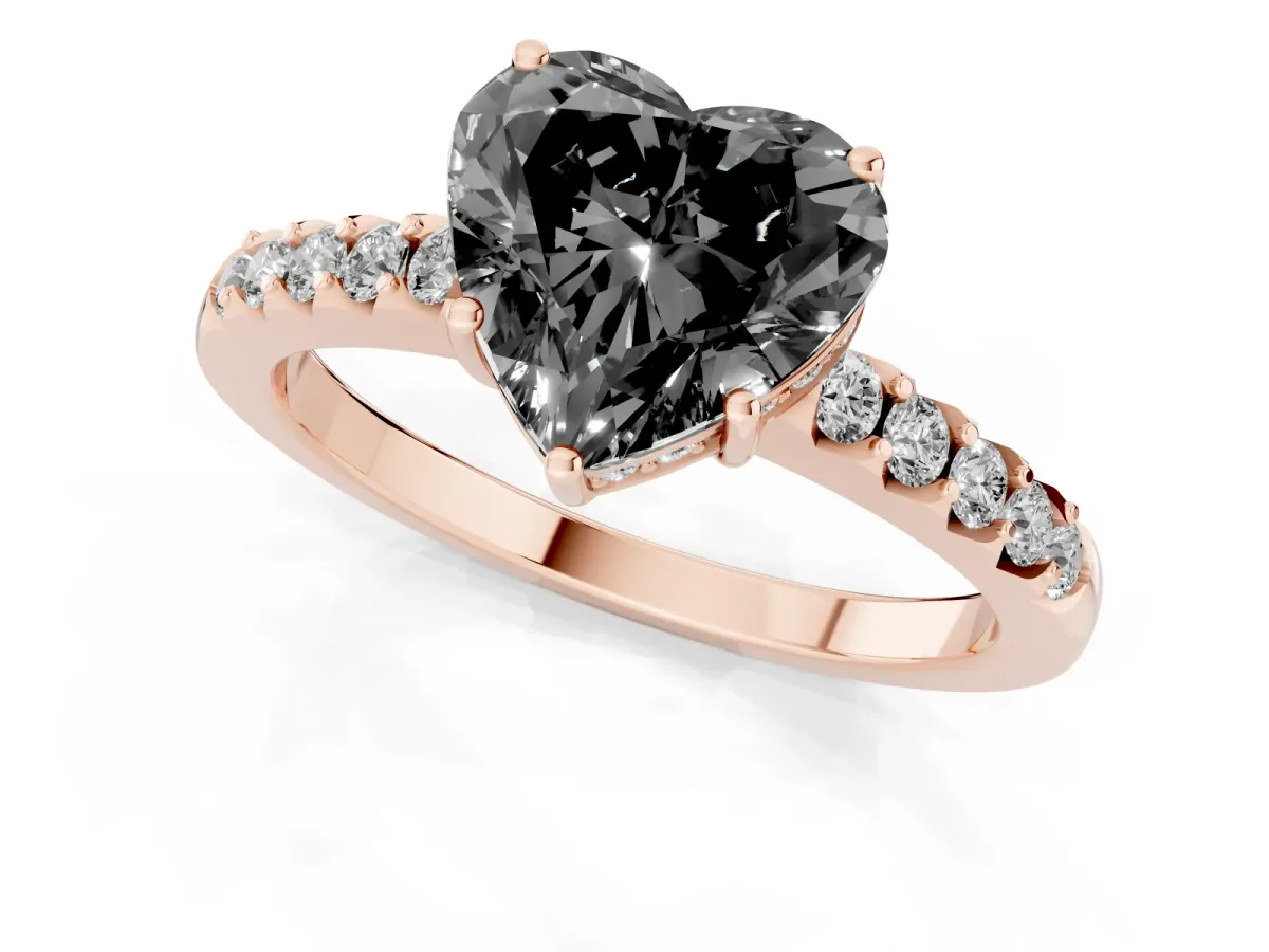 Fancy Black Heart Cut Solitaire Diamond Engagement Ring with Pavé Band and Six-Prong Setting Rose gold