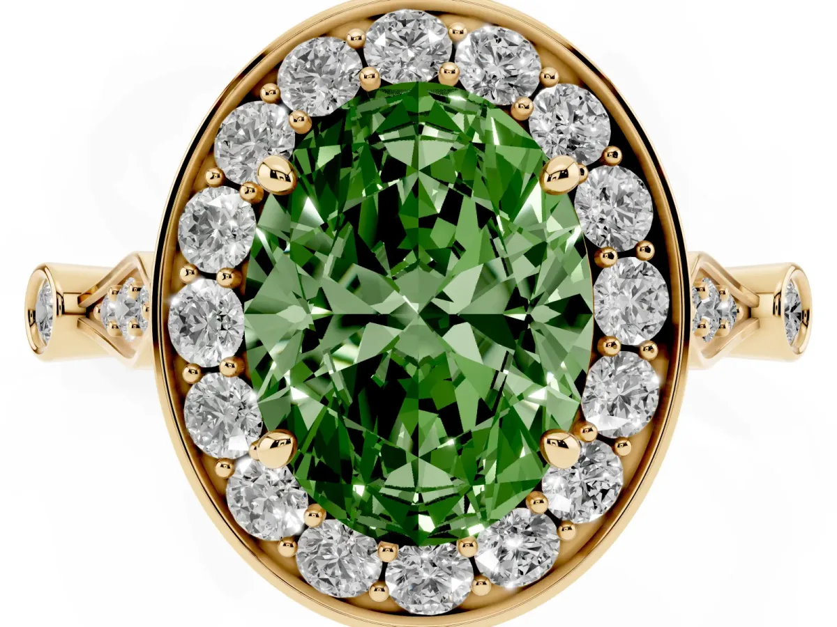 Fancy Green Oval Cut Halo Diamond Engagement Ring with Twisted Band and Four-Prong Setting Yellow gold