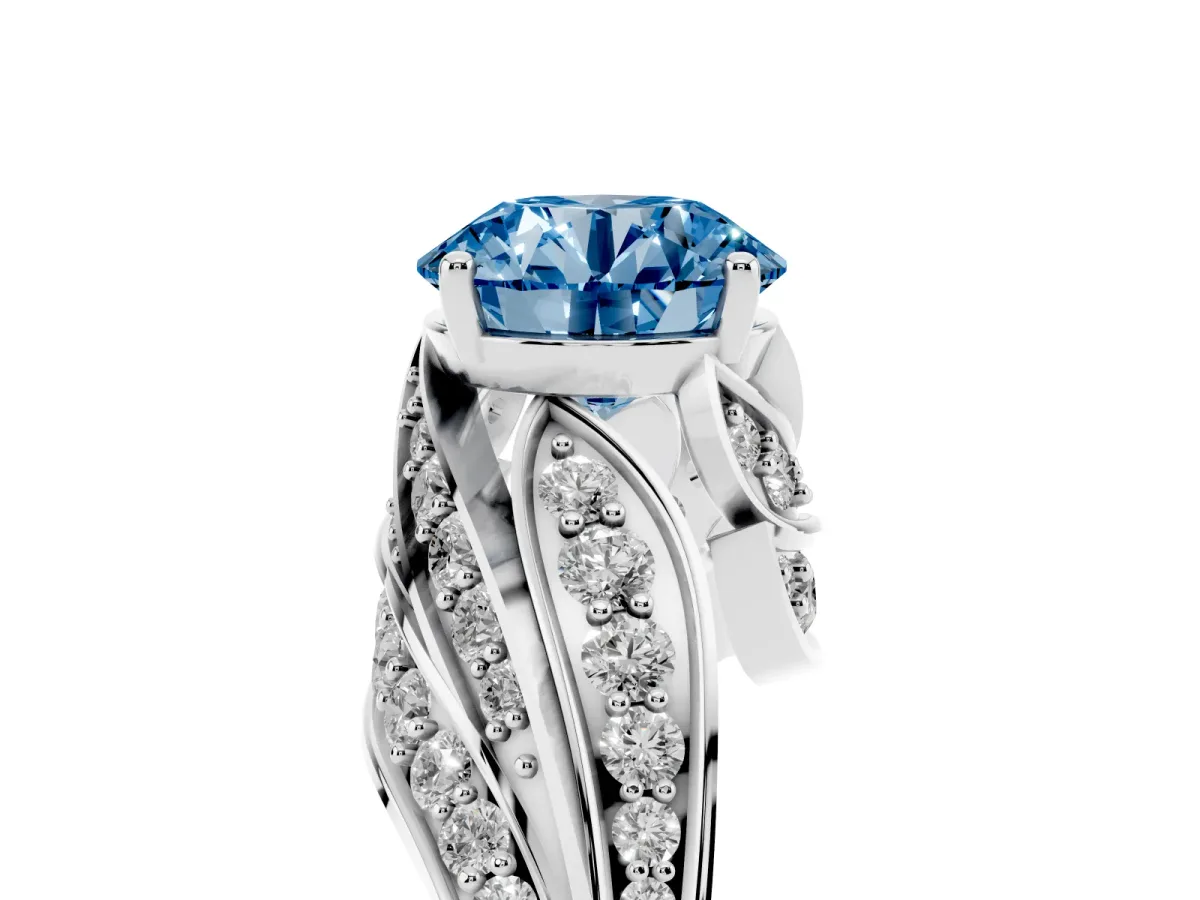 Fancy Blue Round Cut Diamond Solitaire Ring with Prong Setting and Twisted Pavé Band Silver