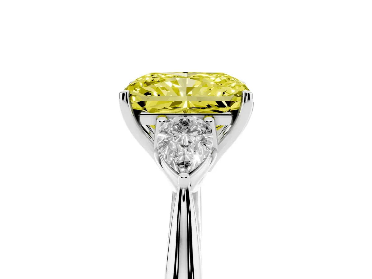 Fancy Yellow Three-Stone Radiant Cut Brilliant Diamond Solitaire Ring with Tapered Band and Four-Prong Setting Silver