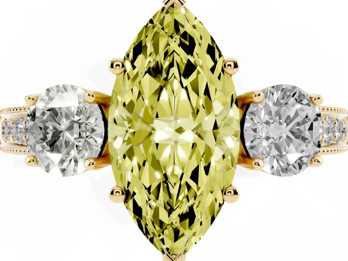 Fancy Yellow Marquise Cut Three-Stone Diamond Ring with Pavé Band and Four-Prong Setting Yellow gold