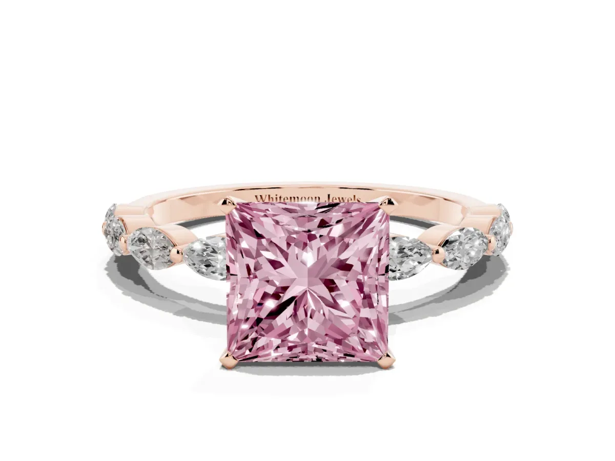 Fancy Pink Princess Cut Diamond Ring with Marquise Side Stones and Prong Setting Rose gold