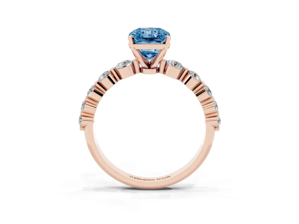 Fancy Blue Radiant Cut Solitaire Diamond Ring with Pave Band and Four-Prong Setting Rose gold