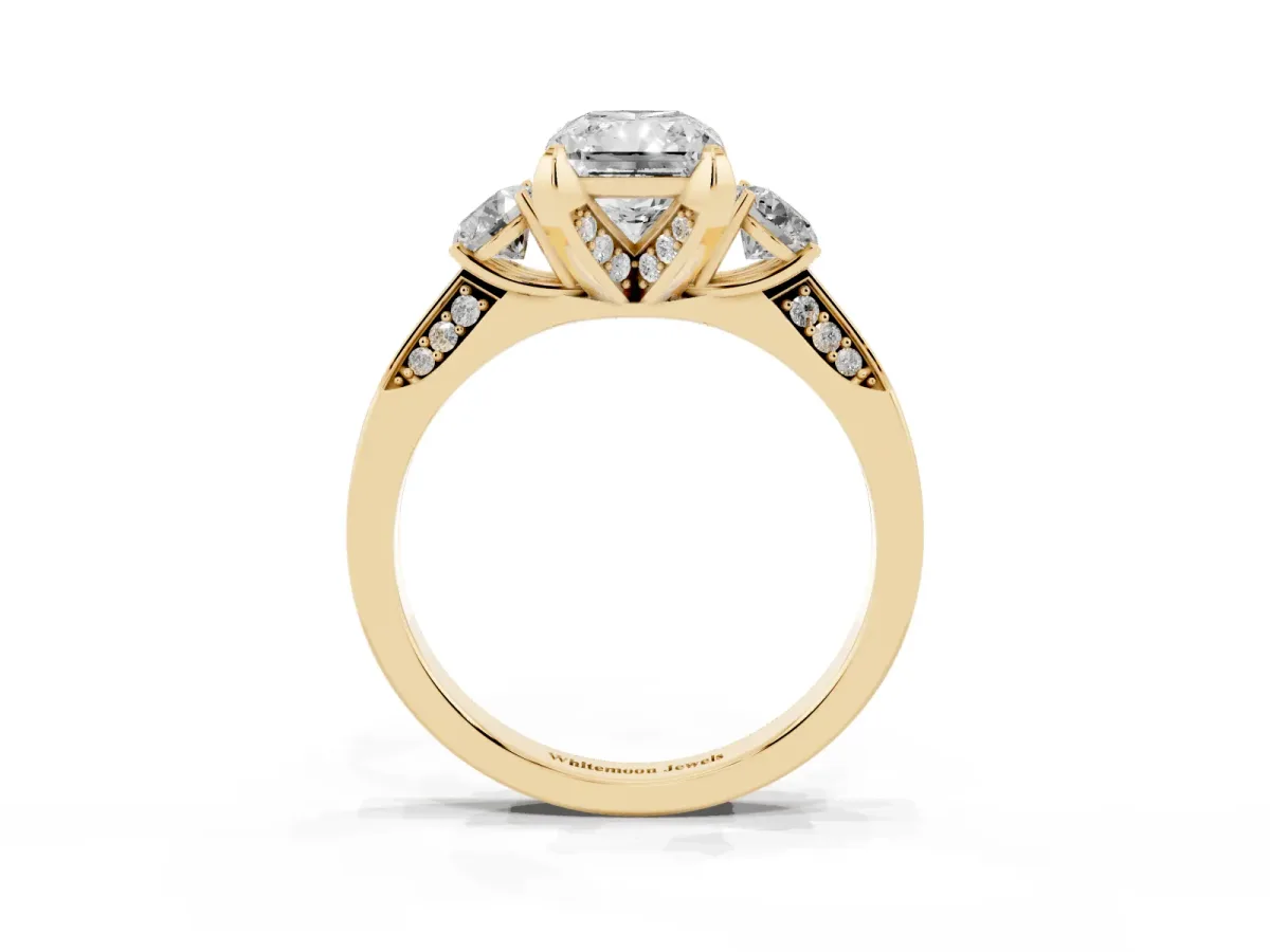 Radiant Cut Brilliant Three-Stone Diamond Ring with Pavé Band and Four-Prong Setting Yellow gold