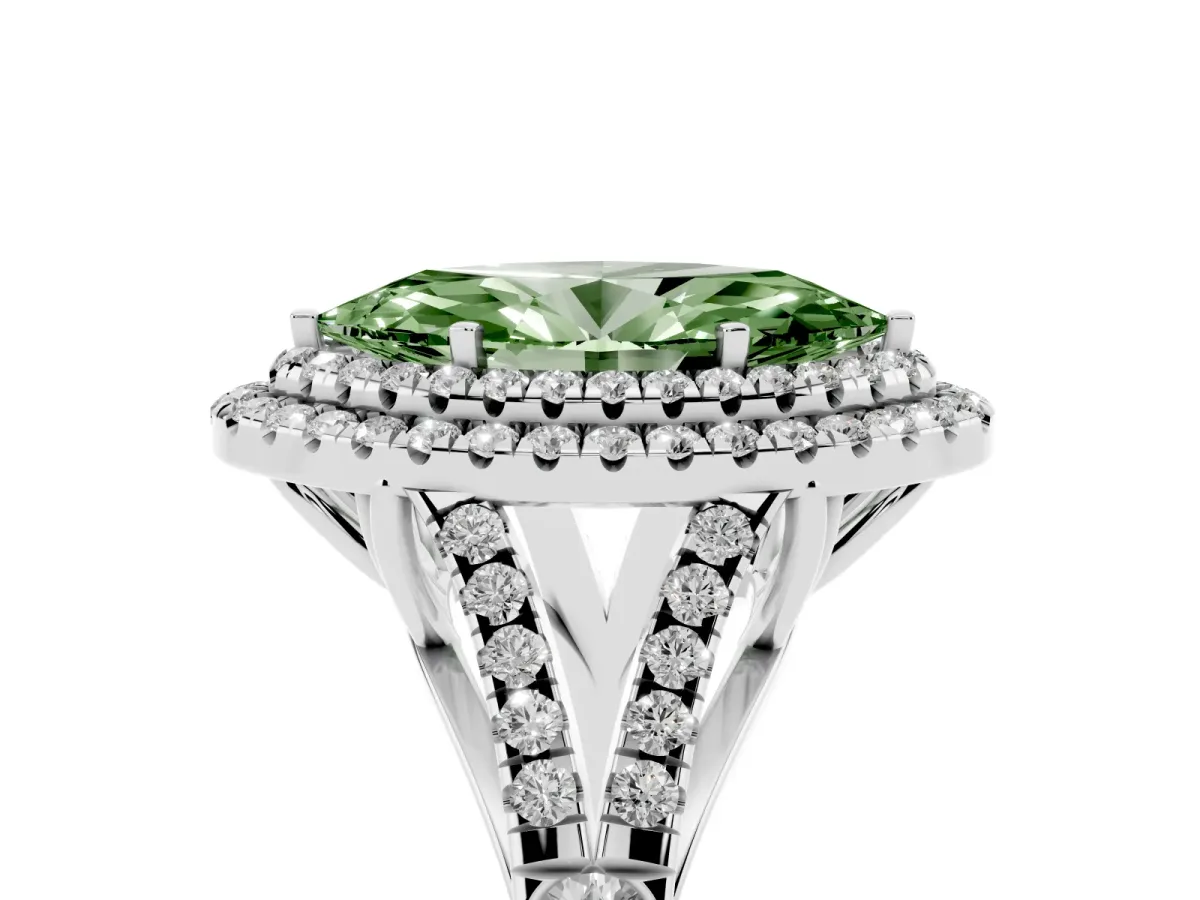 Fancy Green Marquise Cut Cut Double Halo Split Shank Diamond Ring with Prong Setting Silver