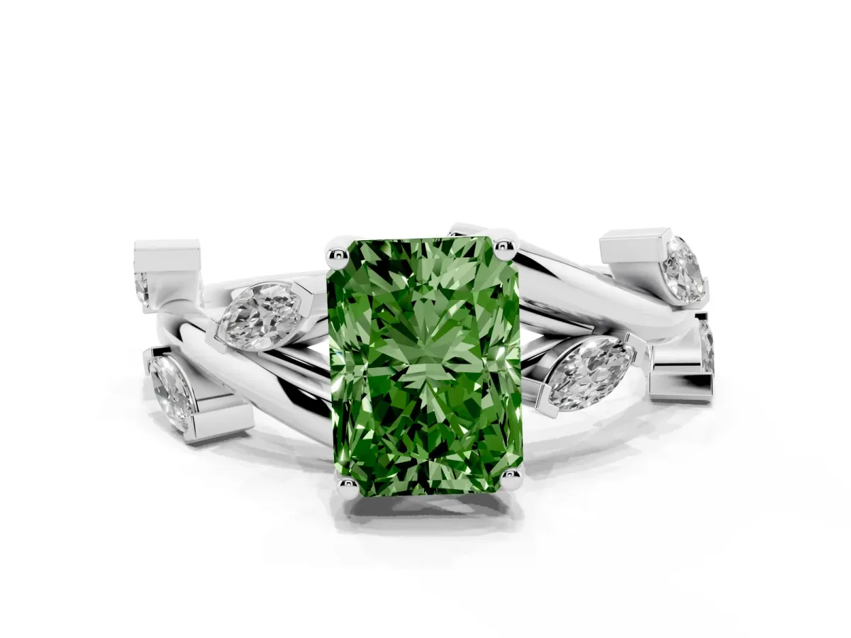 Fancy Green Radiant Cut Solitaire Twisted Band Marquise Accent Prong Setting Ring Silver