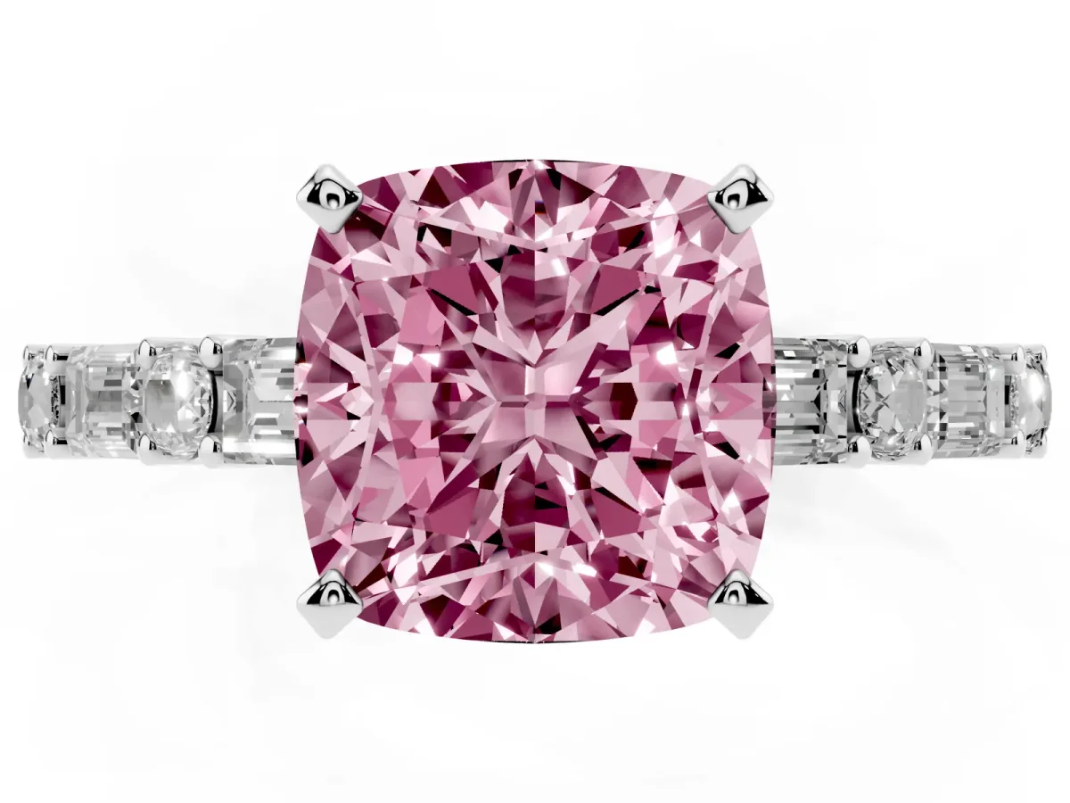 Fancy Pink Cushion Cut Diamond Solitaire with Side Baguettes and Channel Set Band Silver