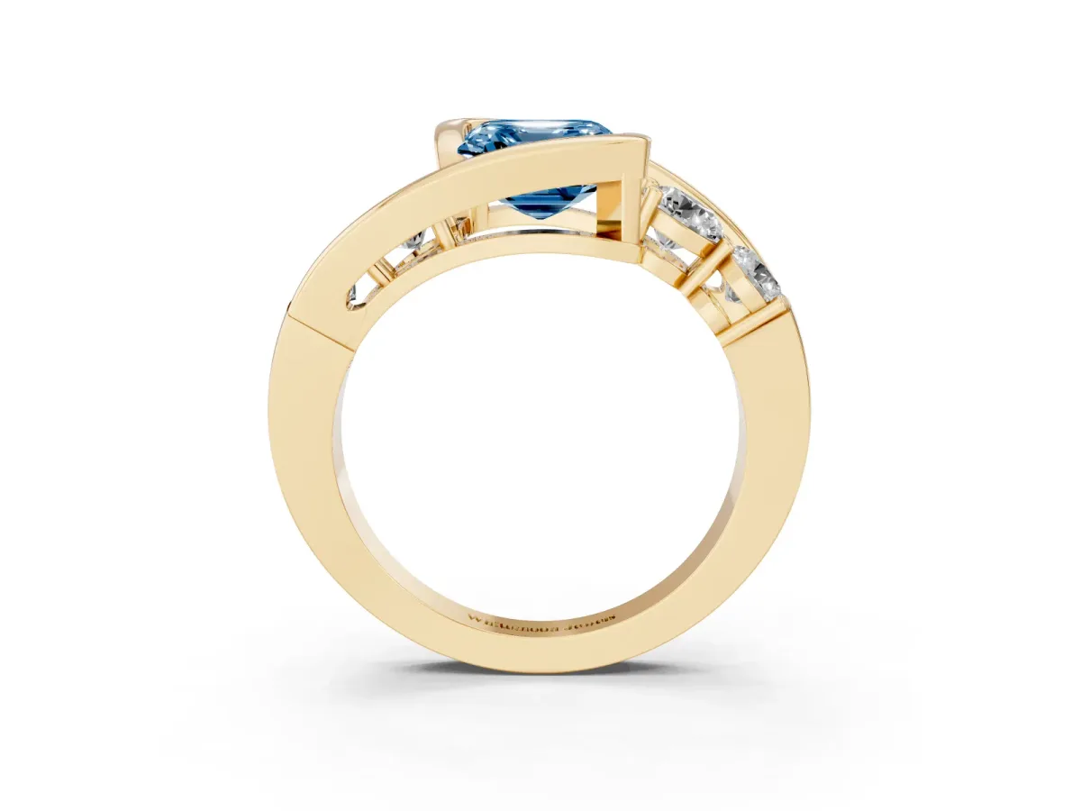 Fancy Blue Bezel Set Asscher Cut Diamond Bypass Ring with Round Accents Yellow gold