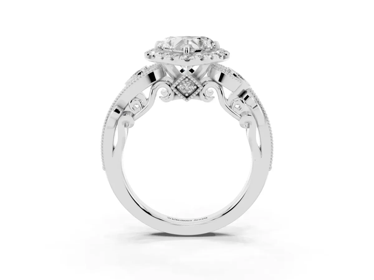 Heart Cut Diamond Halo Ring with Milgrain Pavé Band and Four-Prong Setting White gold