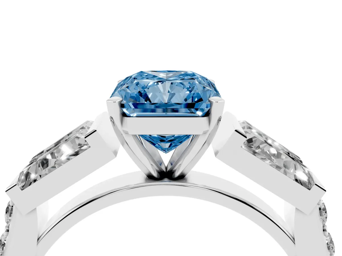 Fancy Blue Radiant Cut Diamond Engagement Ring with Baguette Side Stones and Channel Set Band White gold