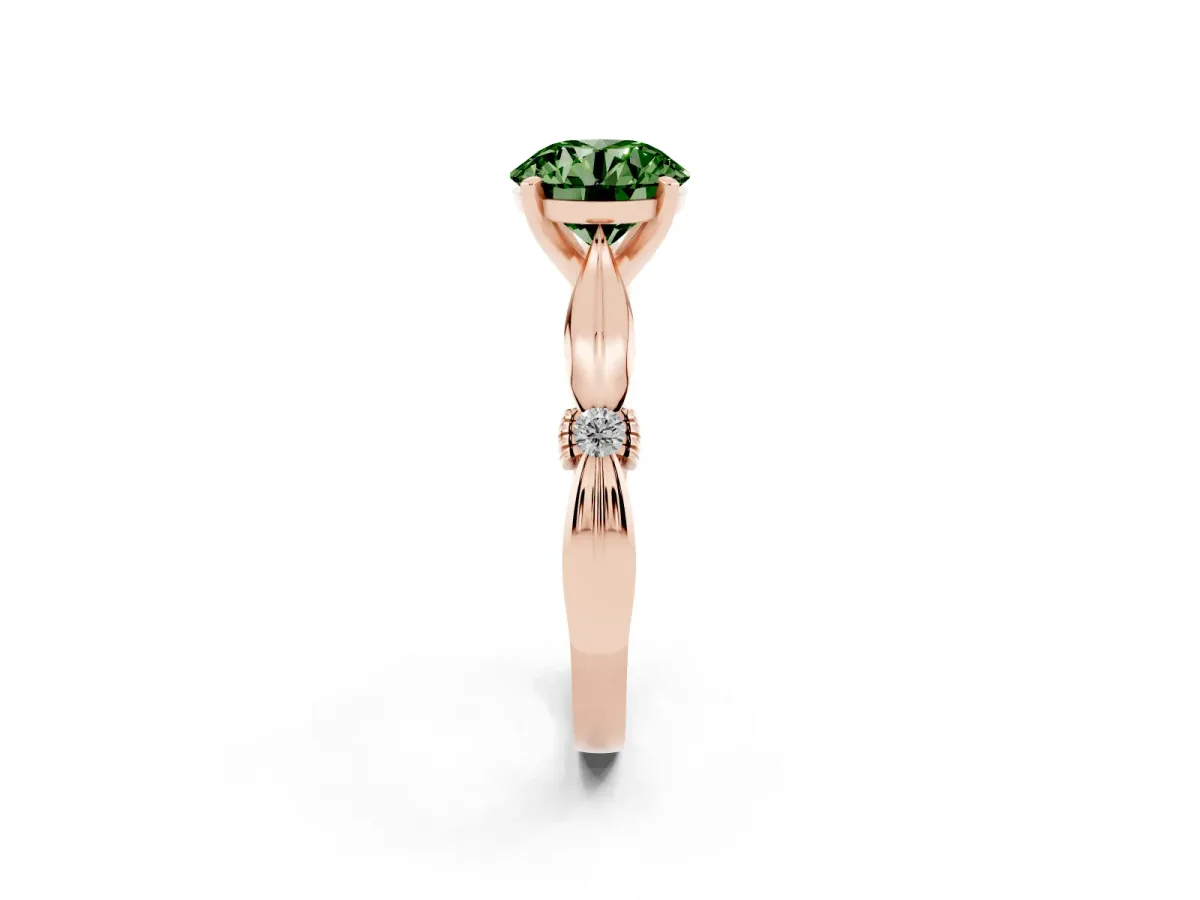 Fancy Green Round Cut Solitaire Diamond Twisted Band with Four-Prong Setting Rose gold