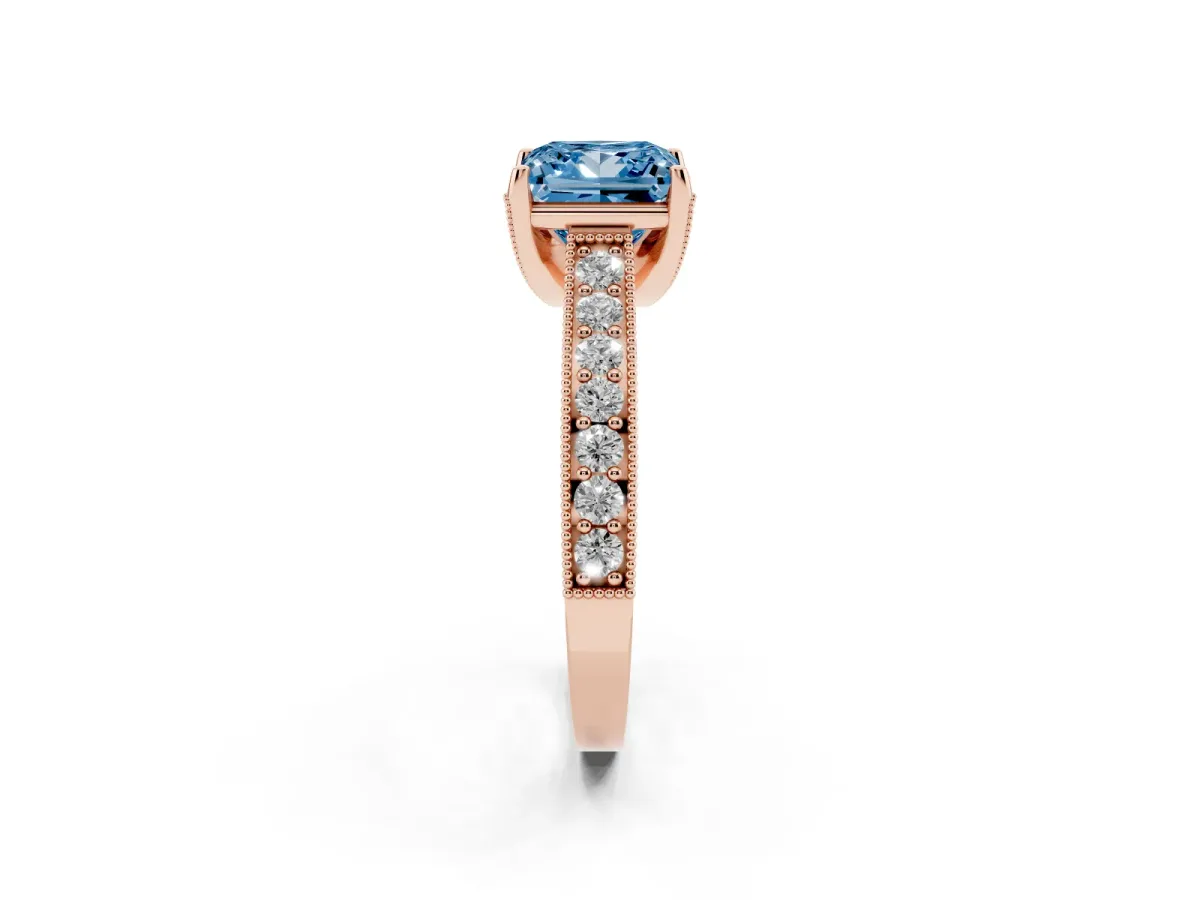 Fancy Blue Princess Cut Cut Diamond Solitaire Ring with Milgrain Pave Band and Four Prong Setting Rose gold