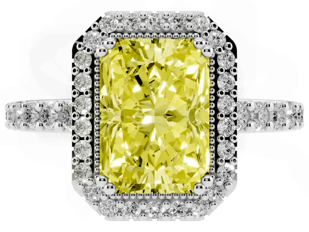 Fancy Yellow Radiant Cut Cut Diamond Halo Engagement Ring with Milgrain Detail and Pavé Band Silver