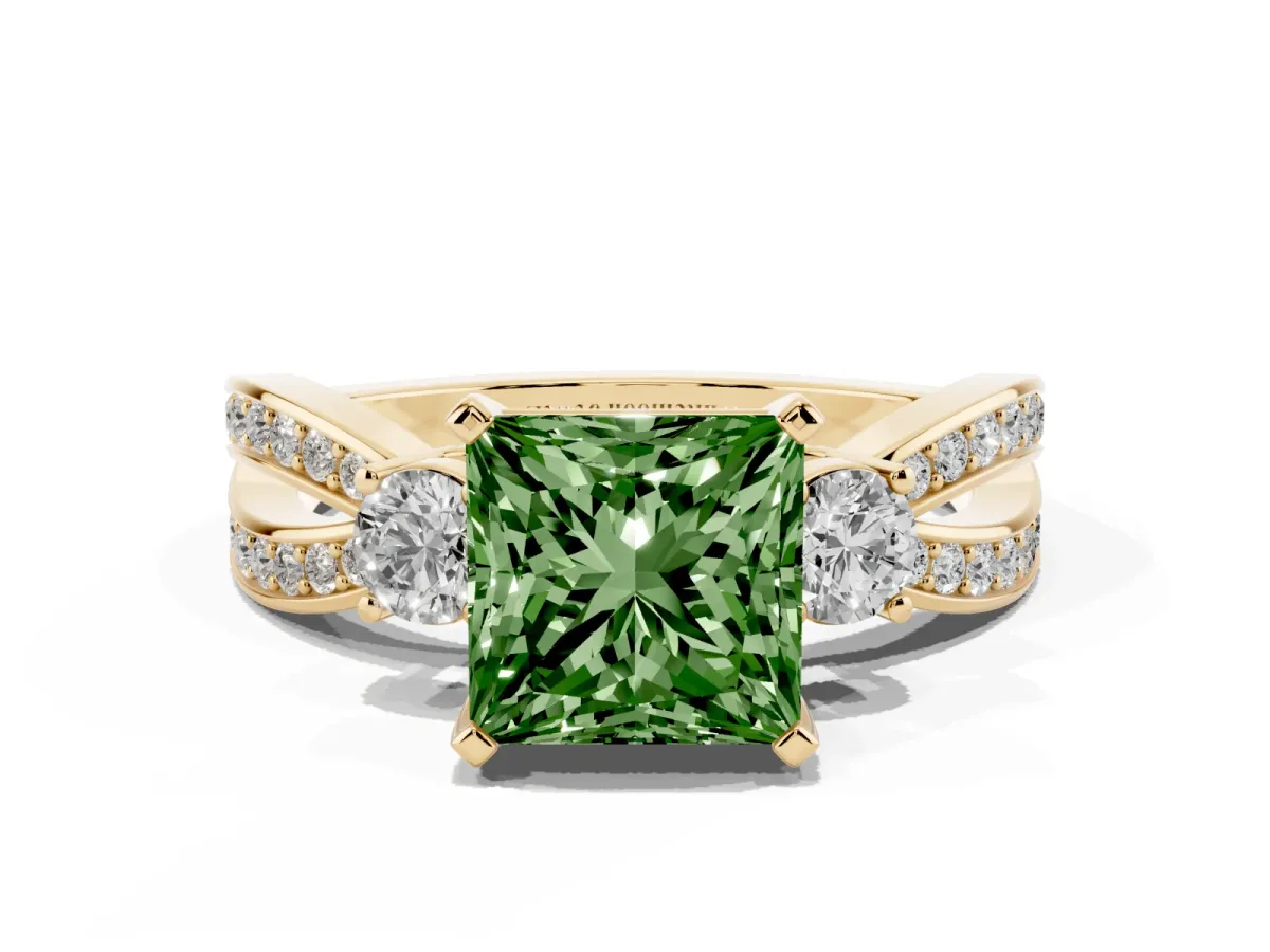Fancy Green Three-Stone Princess Cut Cut Diamond Twist Band with Prong Setting Yellow gold