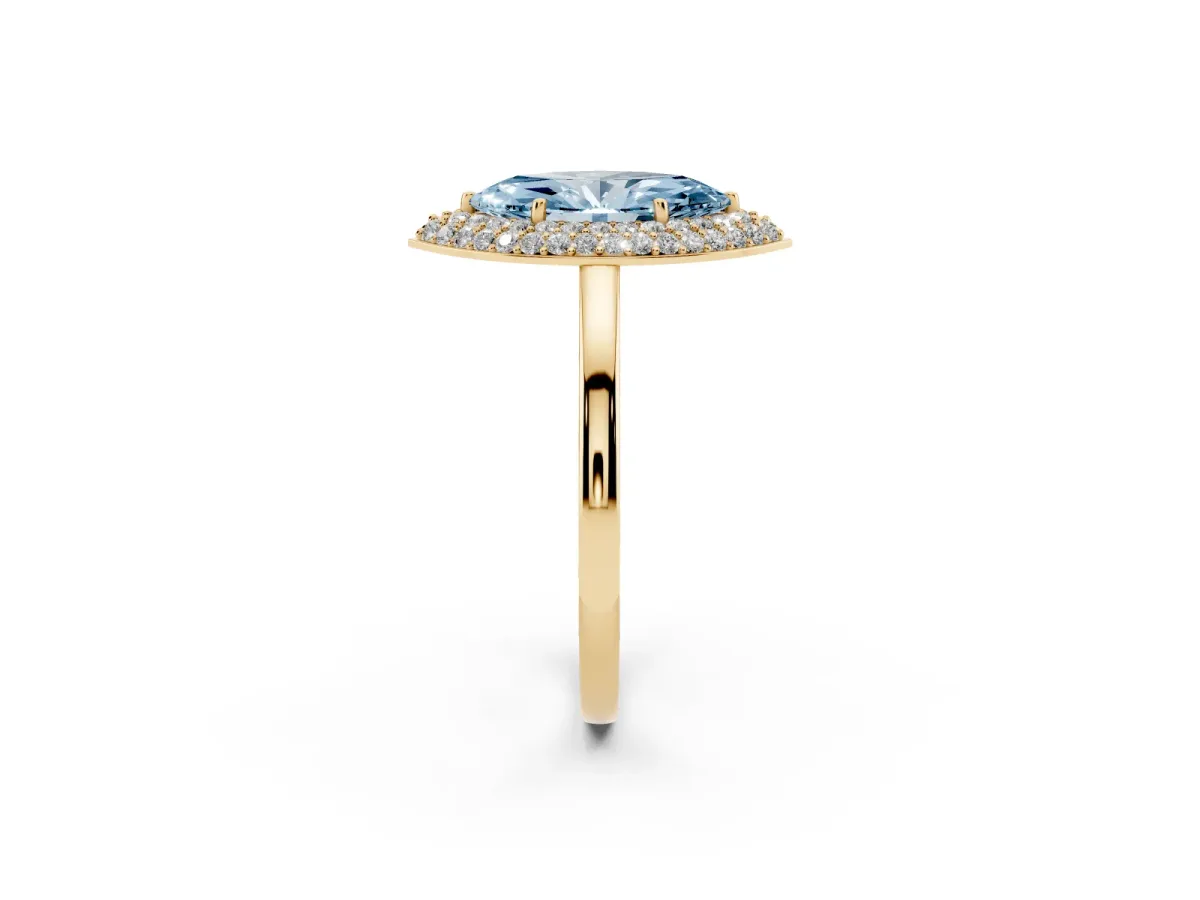 Fancy Blue Marquise Cut Halo Diamond Engagement Ring with Solitaire Band and Four-Prong Setting Yellow gold