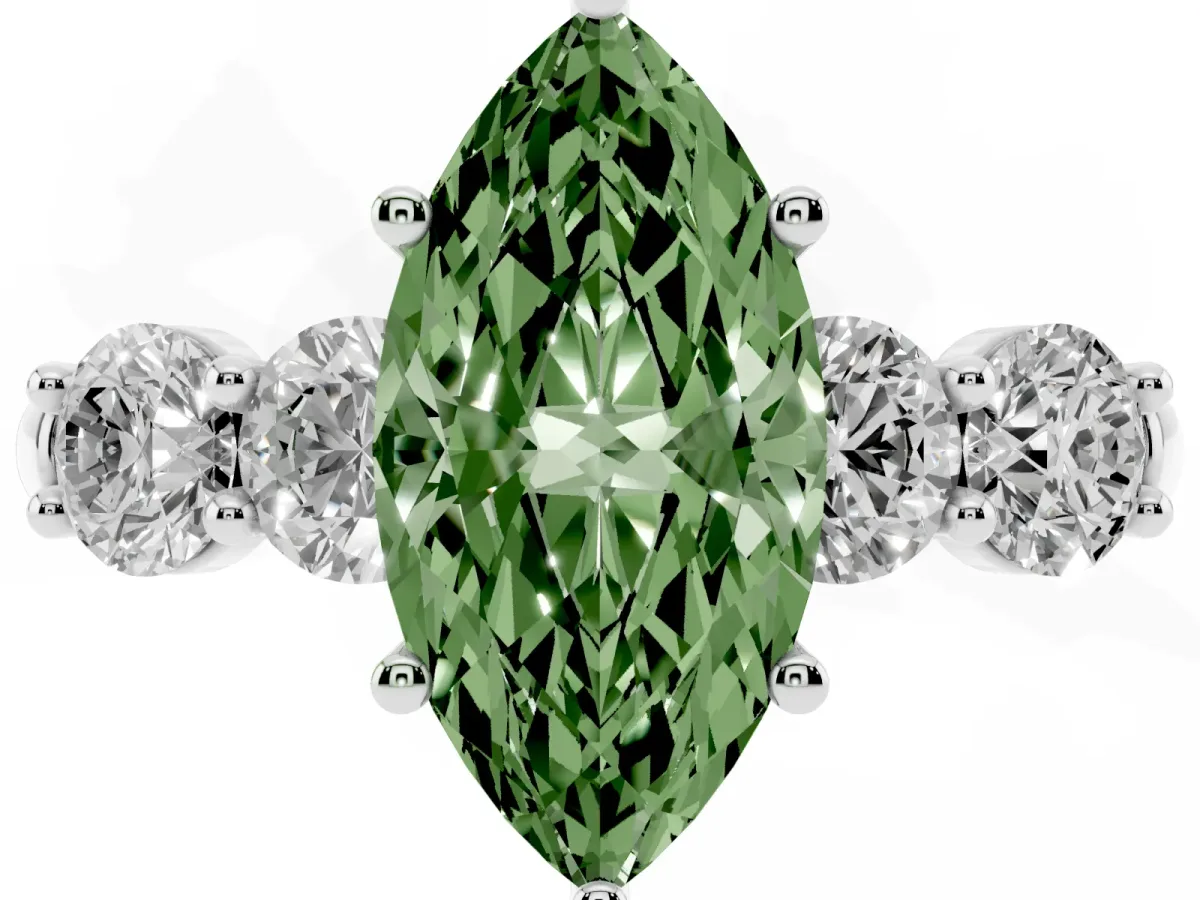 Fancy Green Marquise Cut Cut Five-Stone Prong Set Diamond Ring with Classic Band Silver