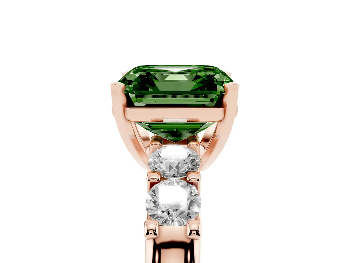 Fancy Green Asscher Cut Brilliant Cut Diamond Five-Stone Prong Set Engagement Ring with Channel Band Rose gold