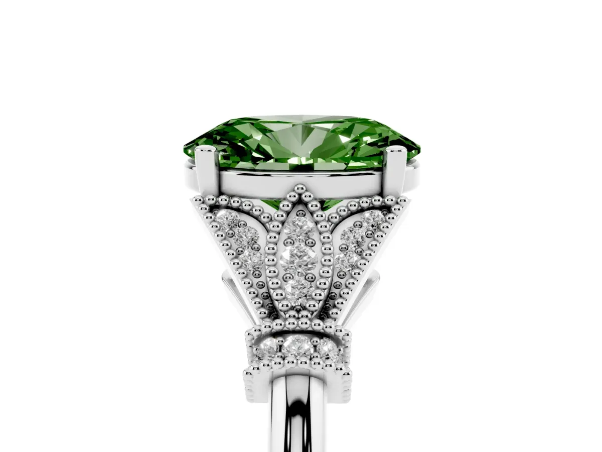 Fancy Green Oval Cut Diamond Solitaire Ring with Floral Filigree and Pave Accents Silver