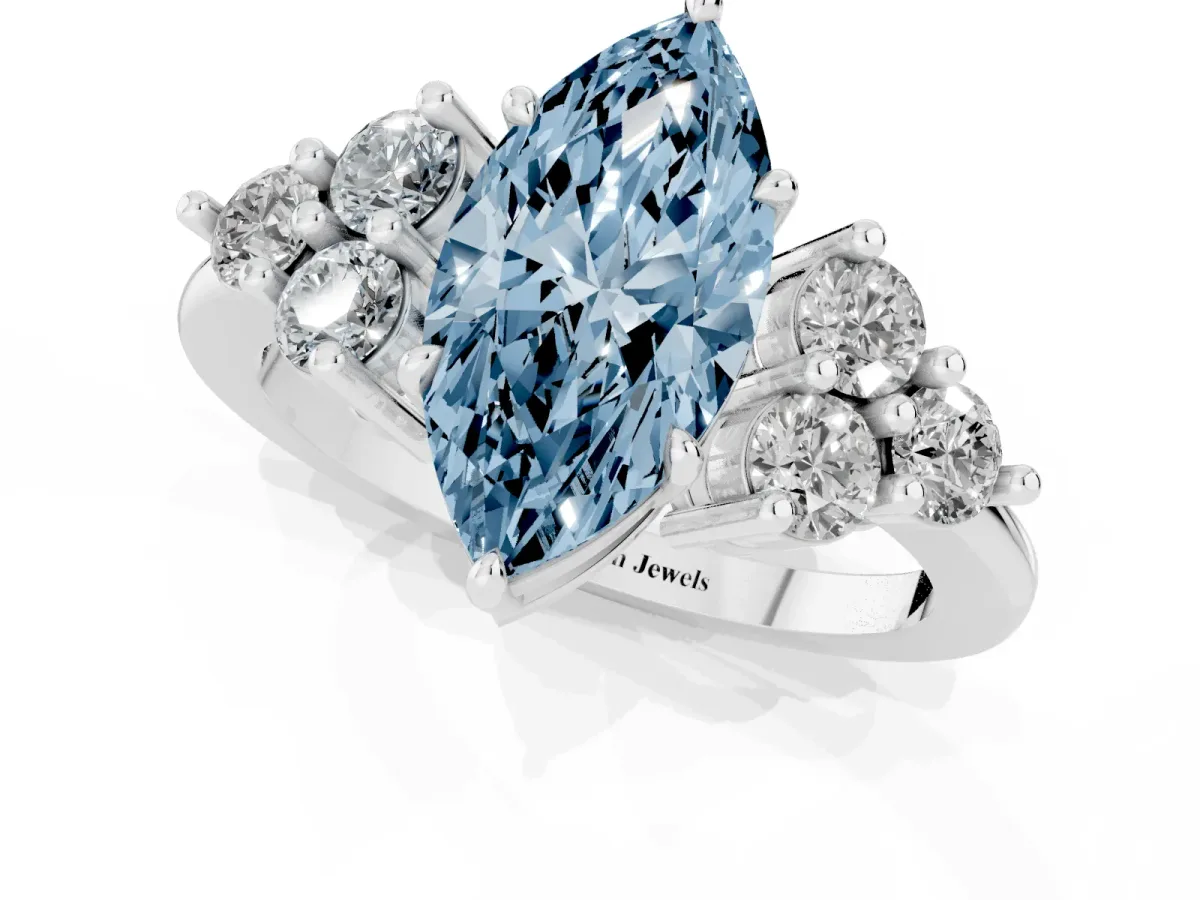Fancy Blue Marquise Cut Brilliant Diamond Cluster Accent Solitaire Ring with Prong Setting Platinum
