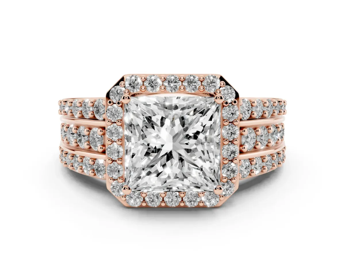 Princess Cut Halo Diamond Ring with Round Split Shank and Prong Setting Rose gold