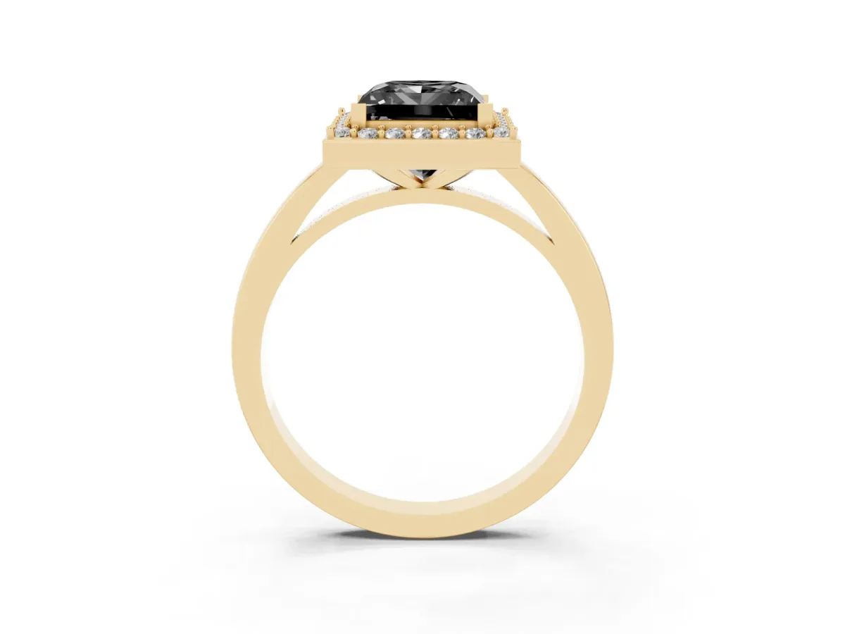 Fancy Black Princess Cut Halo Diamond Ring with Solitaire Band and Prong Setting Yellow gold