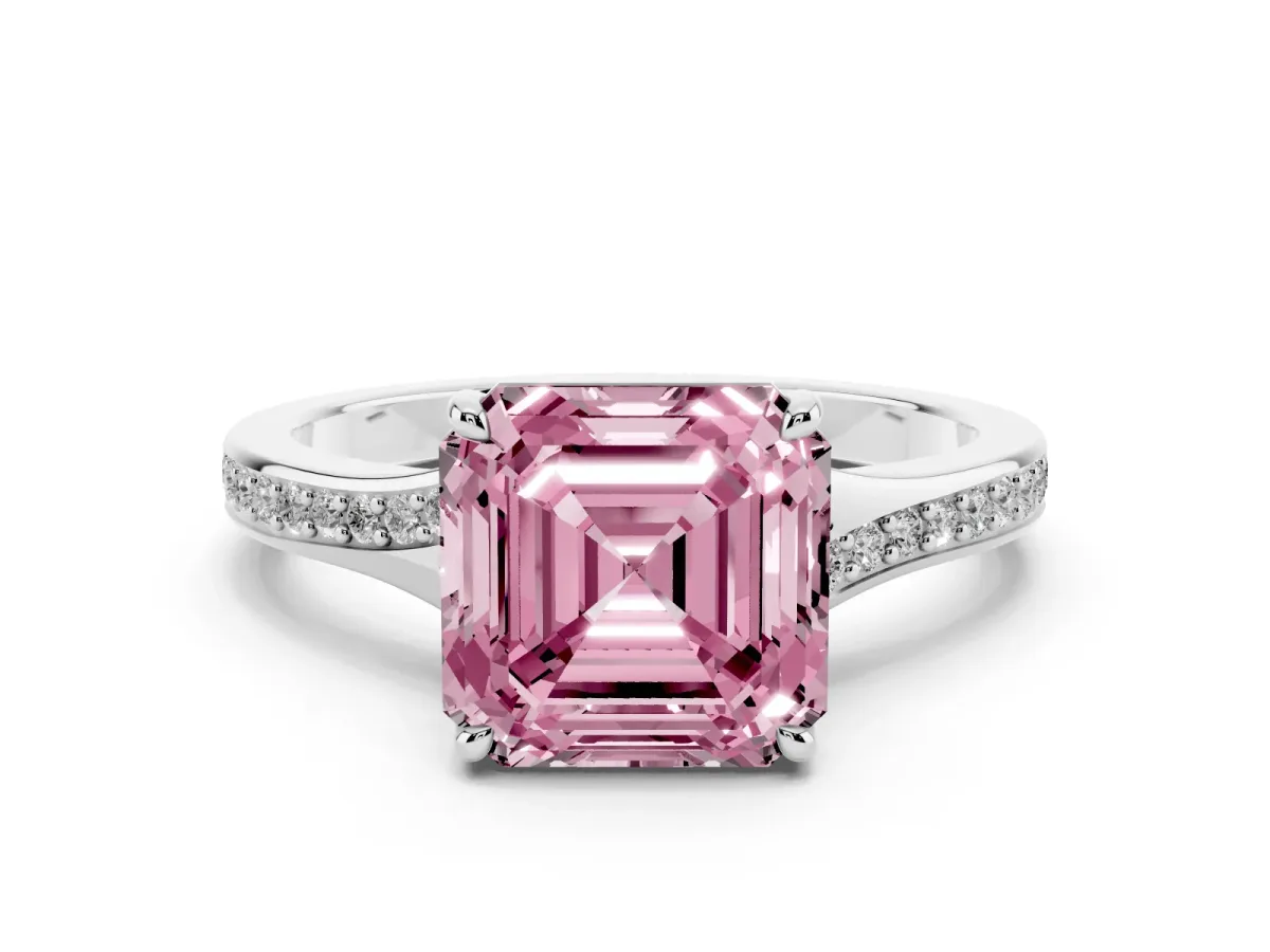 Fancy Pink Asscher Cut Diamond Solitaire Ring with Pavé Band and Prong Setting Silver