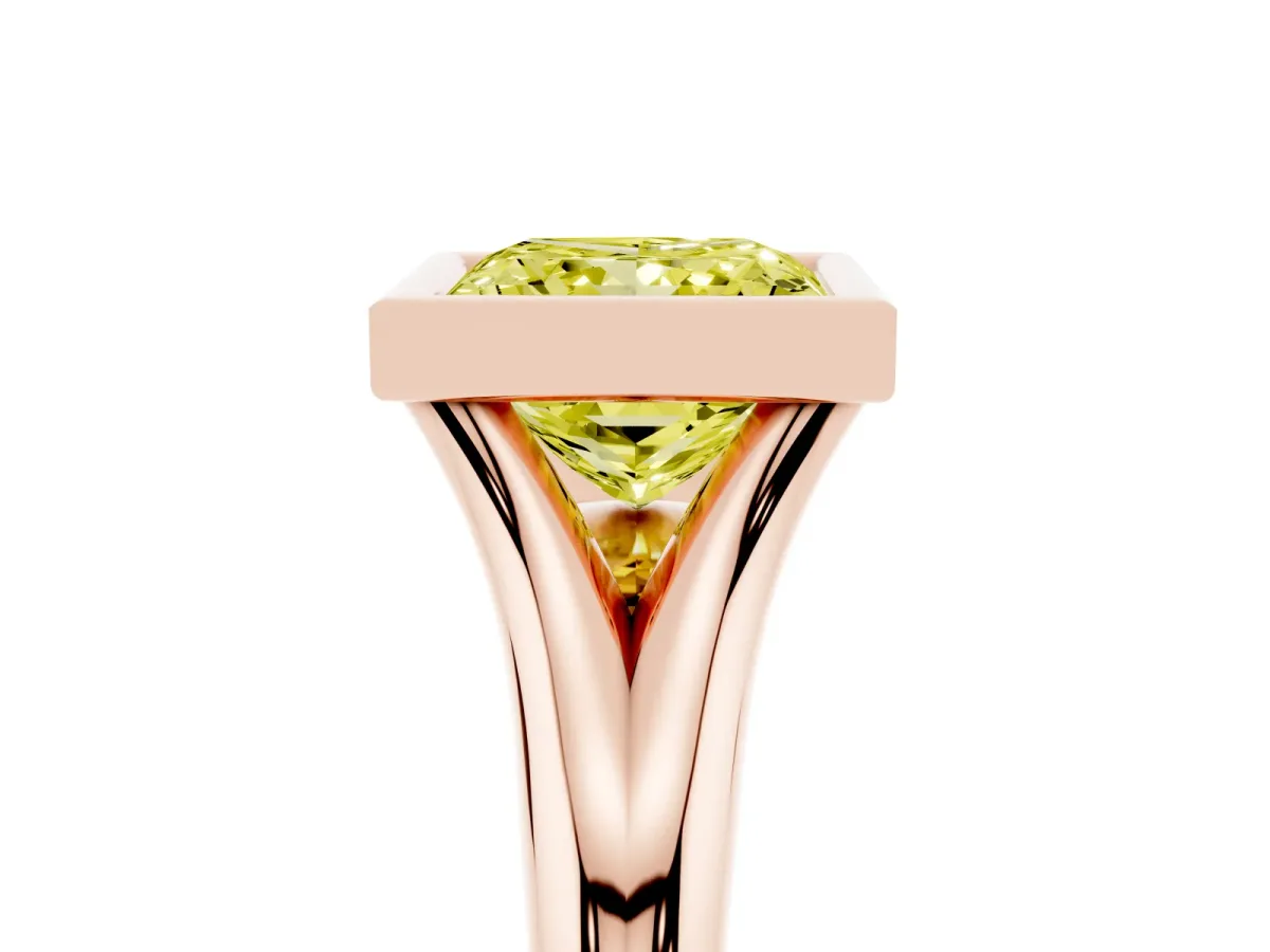 Fancy Yellow Bezel Set Princess Cut Solitaire Diamond Ring with Smooth Band Rose gold