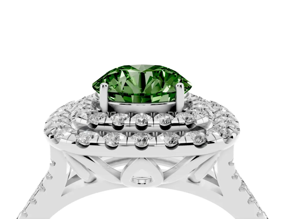 Fancy Green Double Halo Round Cut Diamond Pavé Split Shank Ring with Prong Setting White gold