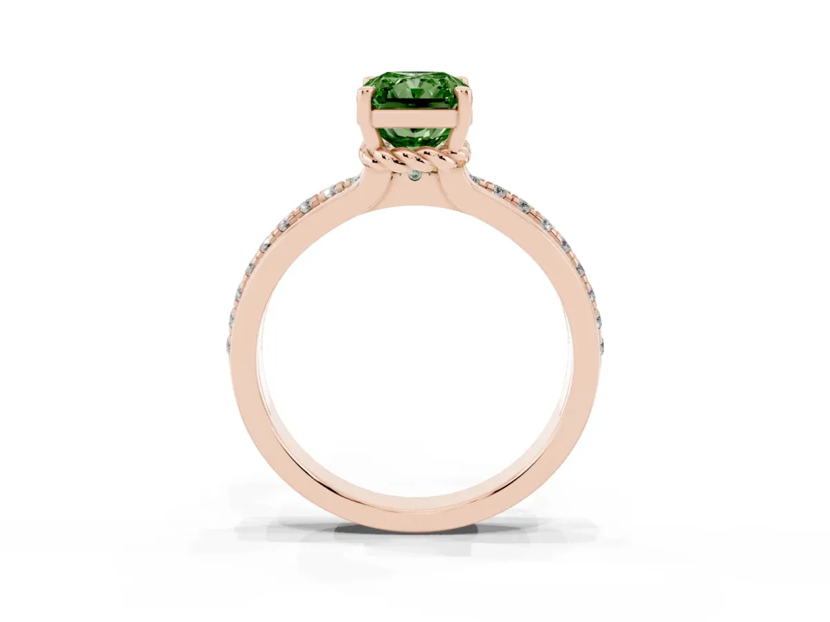 Fancy Green Radiant Cut Solitaire Diamond Ring with Channel Set Band and Six-Prong Setting Rose gold
