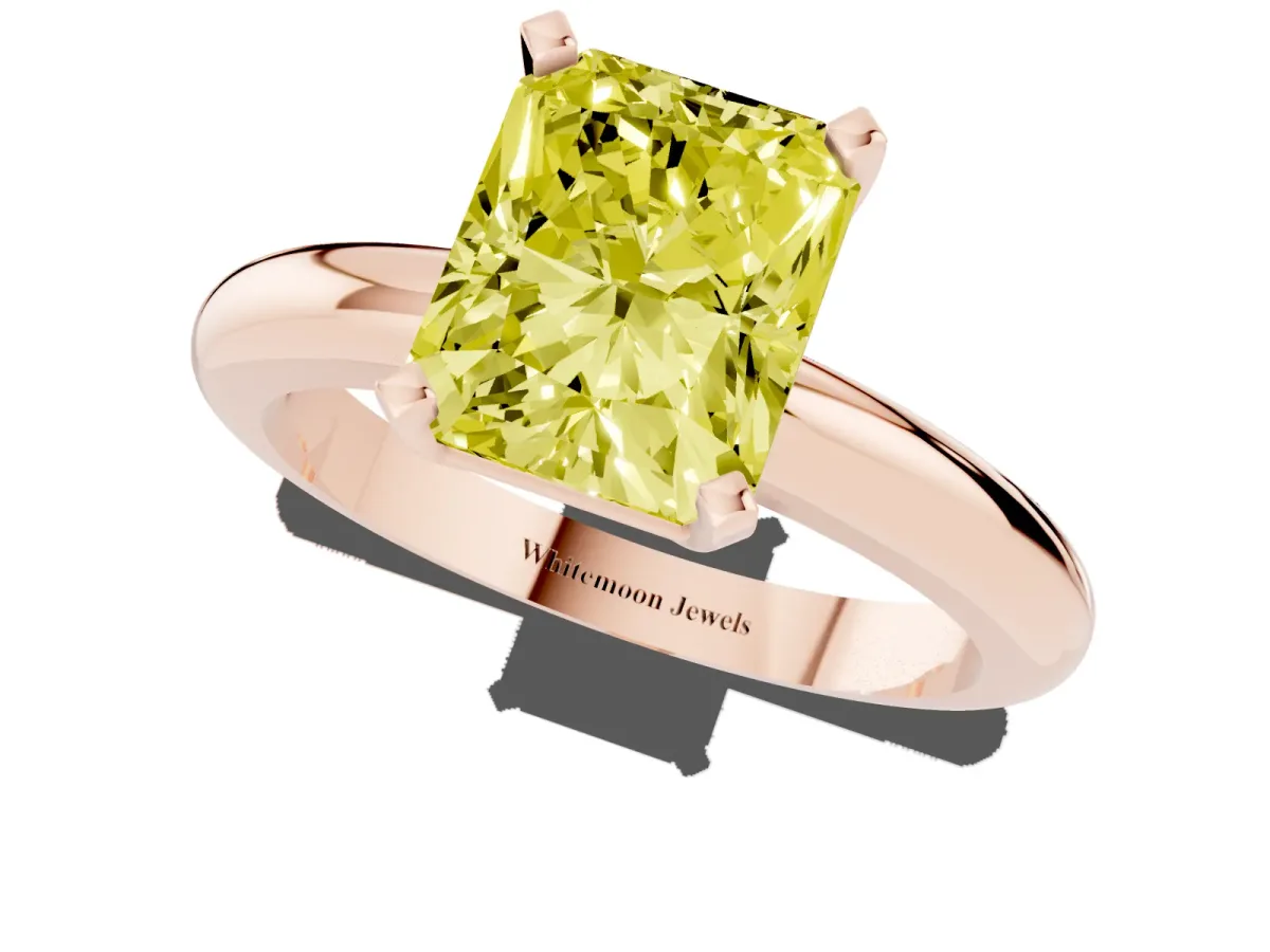 Fancy Yellow Radiant Cut Diamond Solitaire Engagement Ring with Round Band and Four-Prong Setting Rose gold