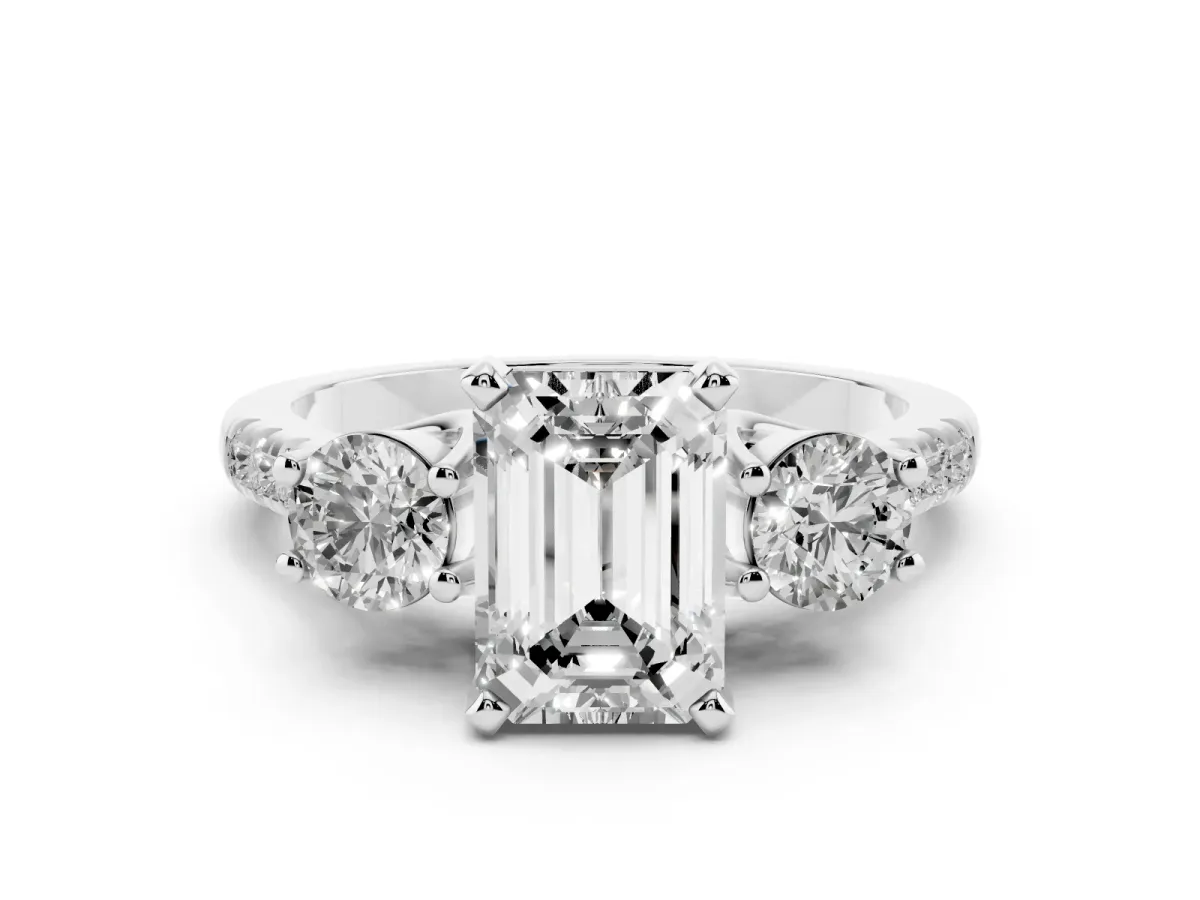 Three-Stone Emerald Cut Diamond Pavé Band with Four-Prong Setting Silver
