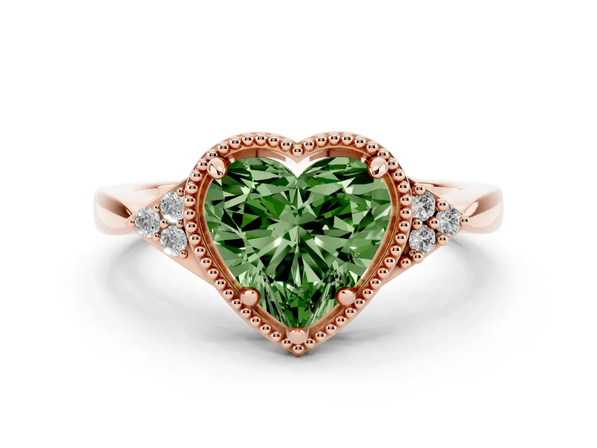 Fancy Green Milgrain Heart Cut Cut Diamond Ring with Tapered Pave Band and Four Prong Setting Rose gold