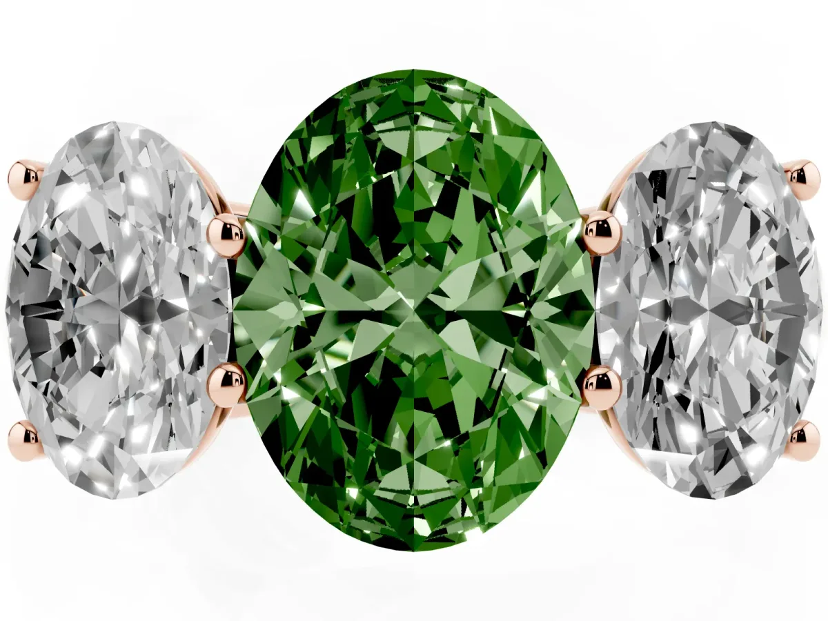 Fancy Green Oval Cut Three-Stone Diamond Ring with Prong Setting on a Classic Band Rose gold