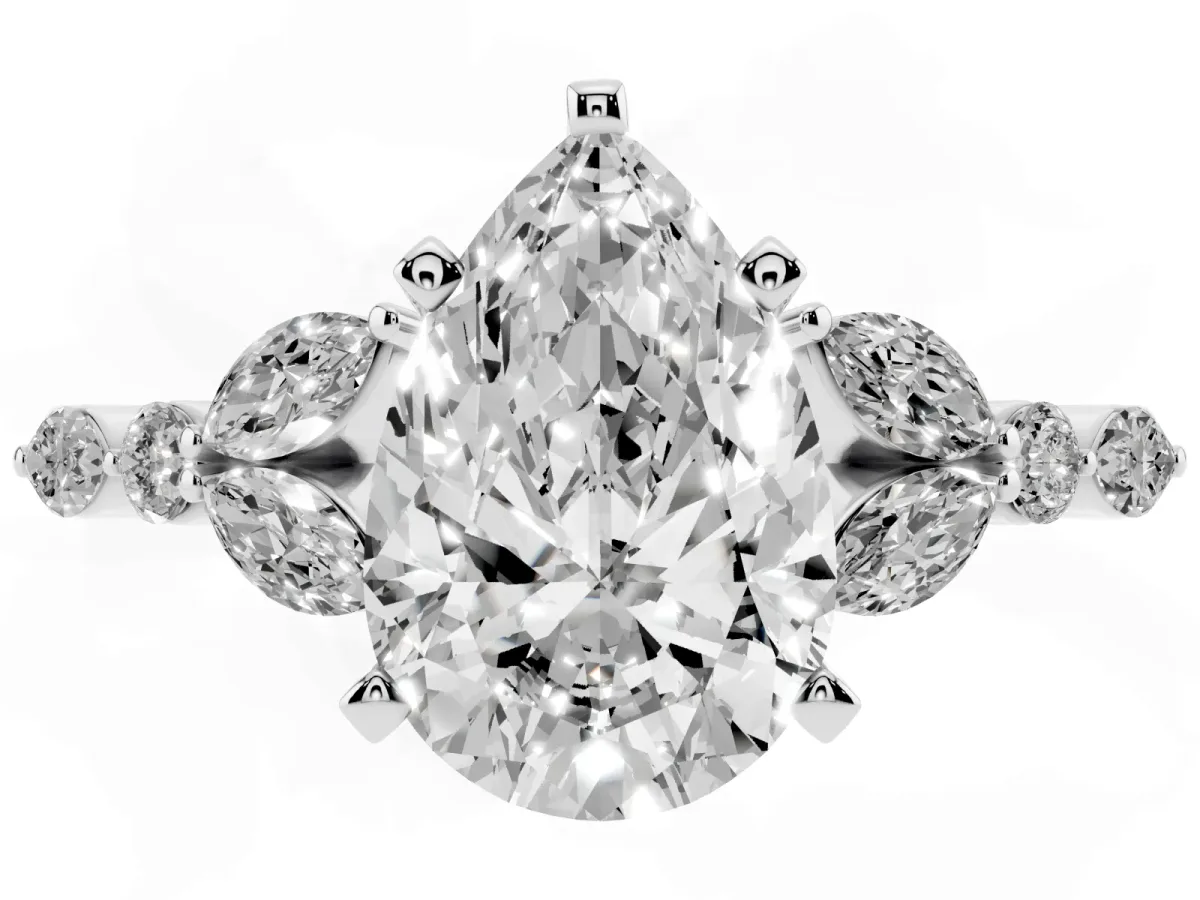 Pear Cut Diamond Solitaire Ring with Side Stones and Four-Prong Setting Silver
