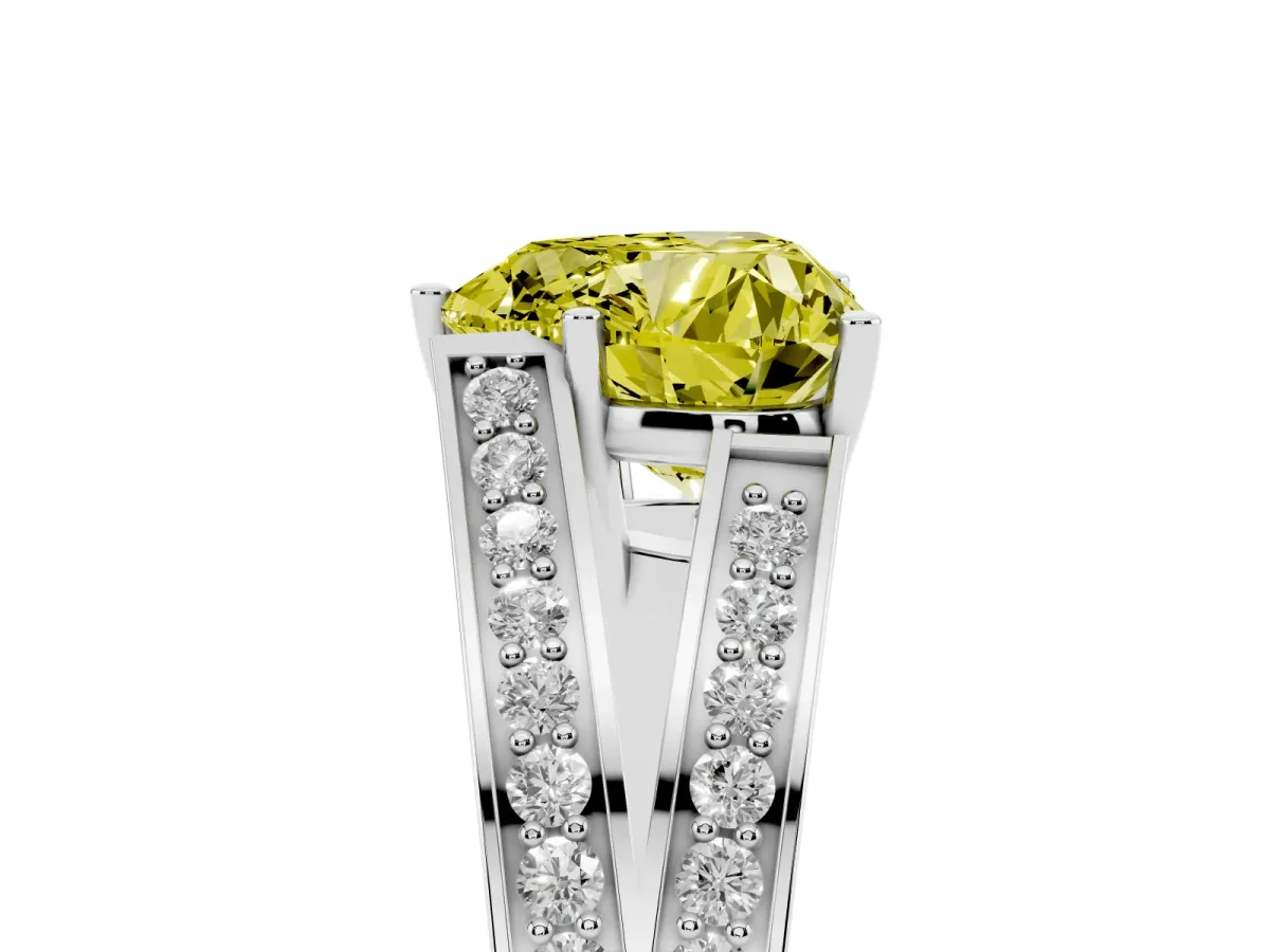 Fancy Yellow Heart Cut Diamond Split Shank Ring with Pavé Band and Four-Prong Setting Platinum