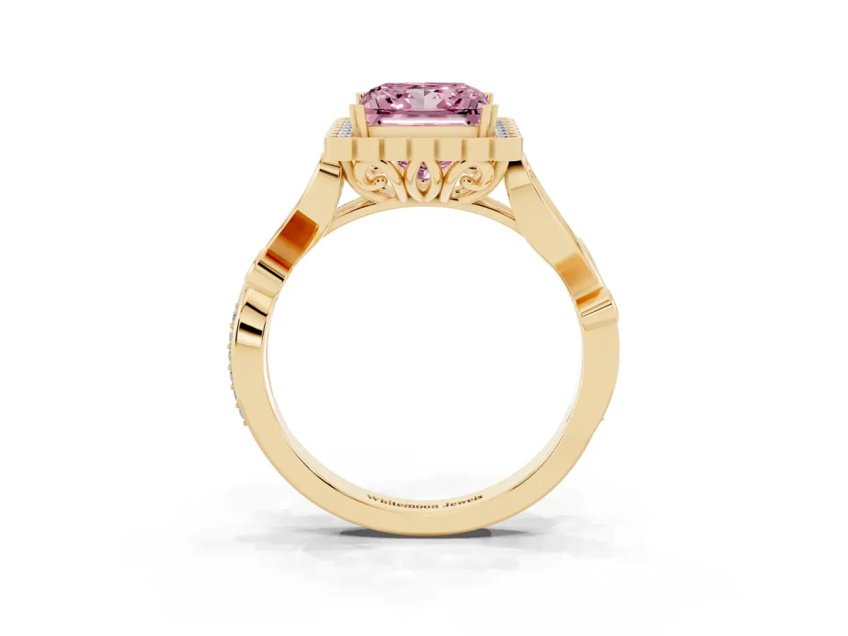 Fancy Pink Princess Cut Diamond Halo Ring with Vintage Split Shank and Four-Prong Setting Yellow gold