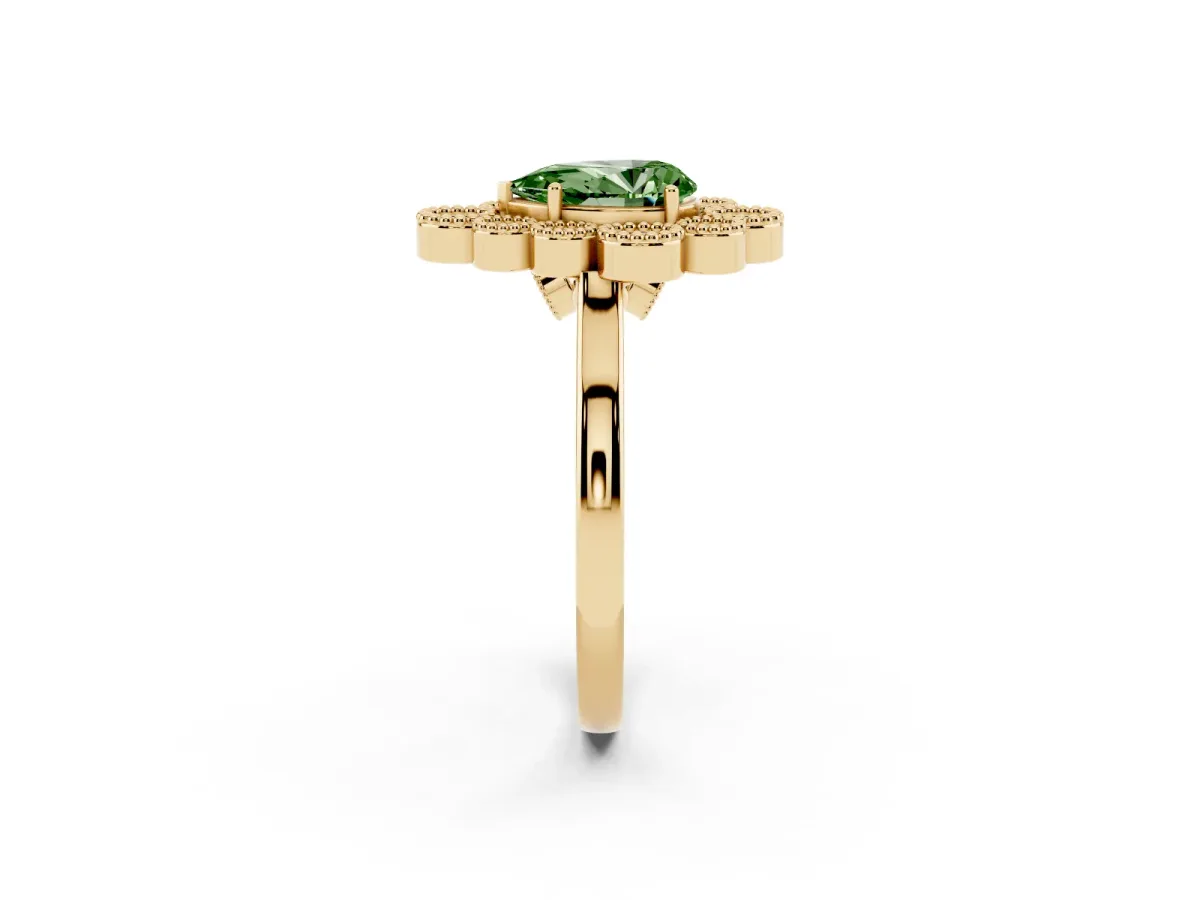 Fancy Green Pear Cut Halo Diamond Cluster Engagement Ring with Milgrain Bezel Setting and Solitaire Band Yellow gold