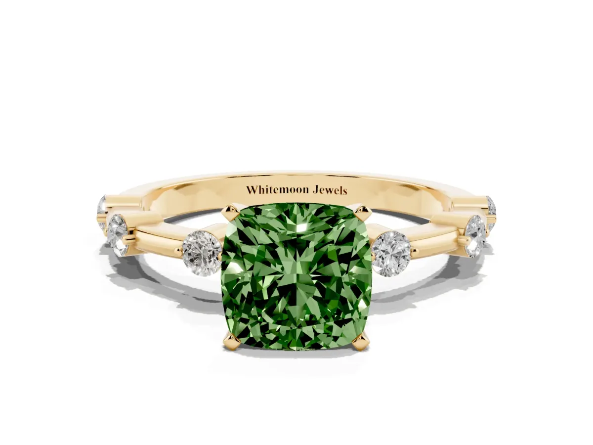 Fancy Green Cushion Cut Solitaire Diamond Ring with Bezel Set Side Stones and Prong Setting Yellow gold